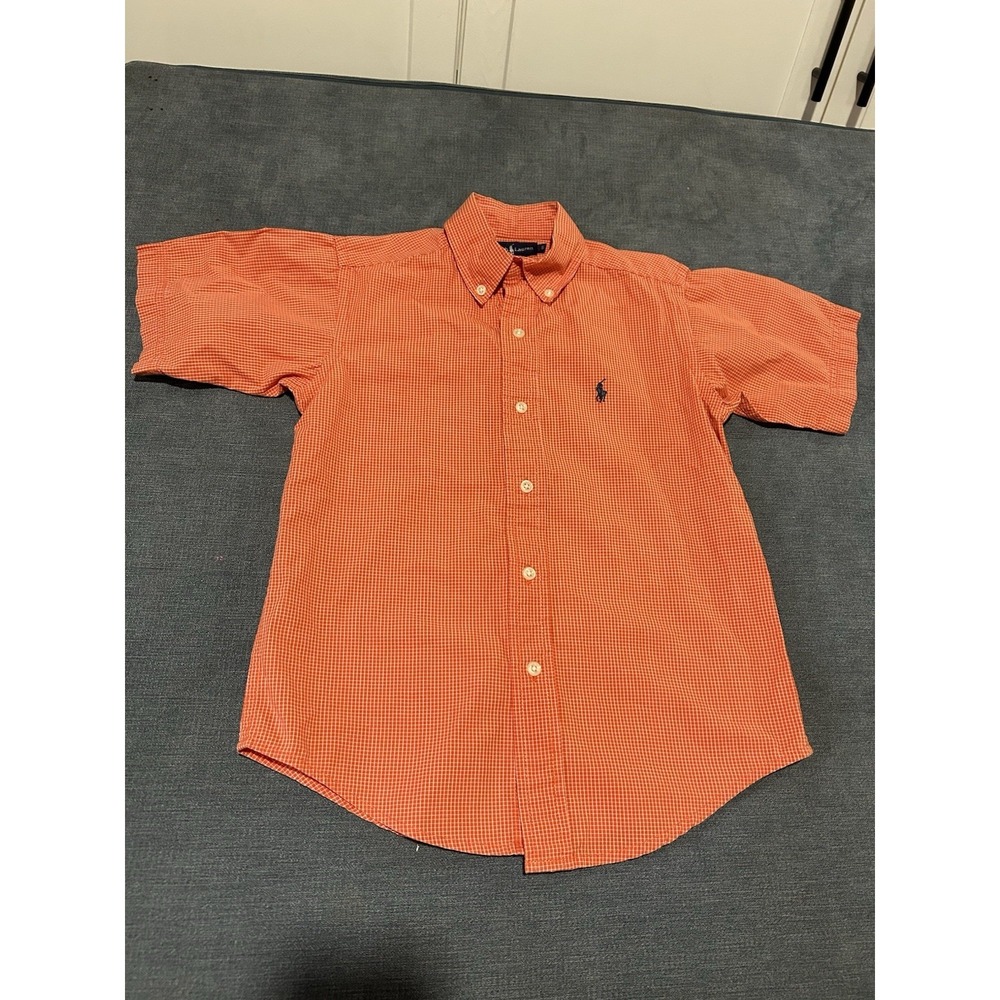Ralph Lauren Boys Button Down Shirt Size 6 Orange Gingham Blue Pony Short Sleeve